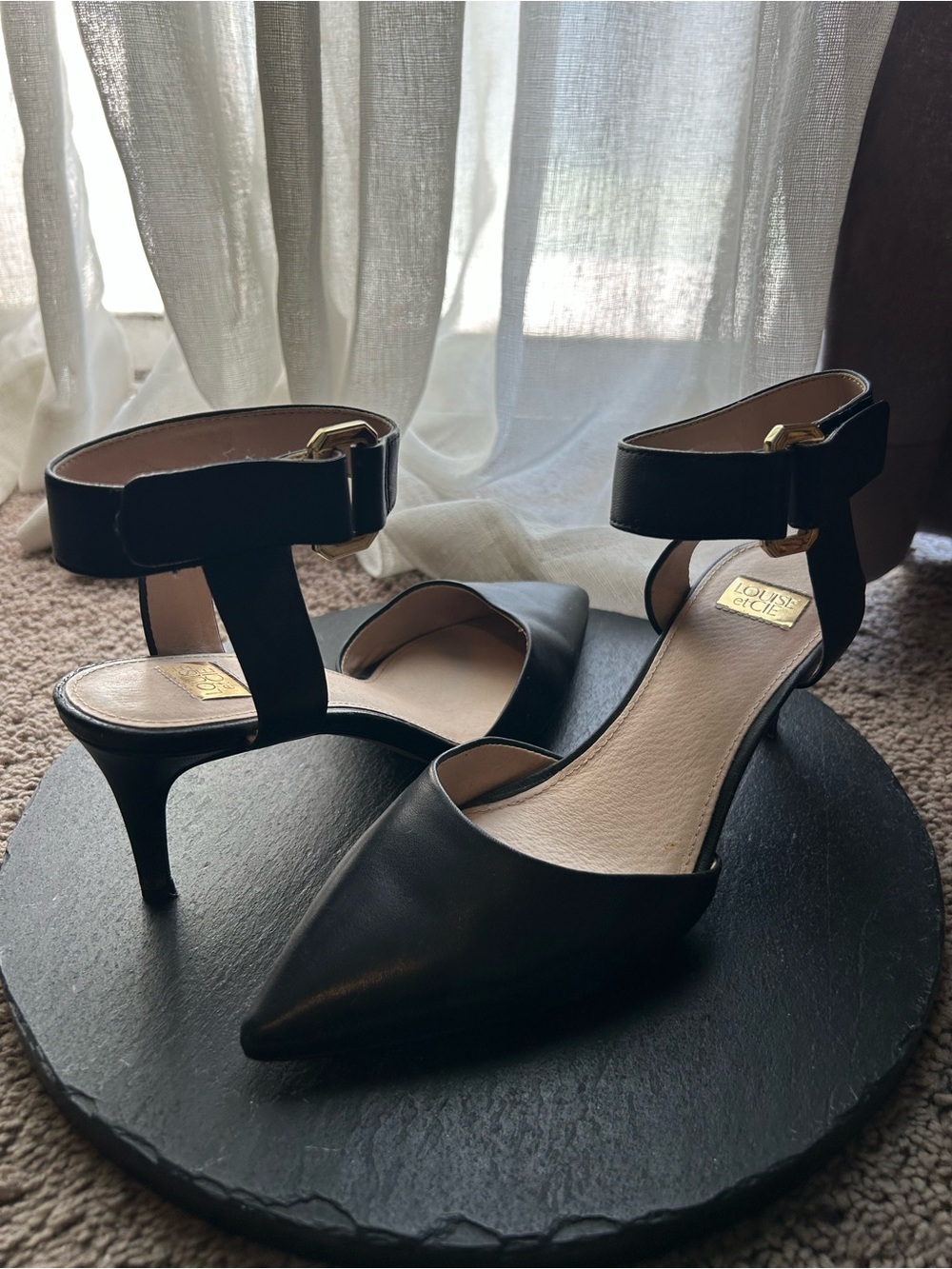 Louise et Cie Black Pointed Ankle-Strap Kitten Heels